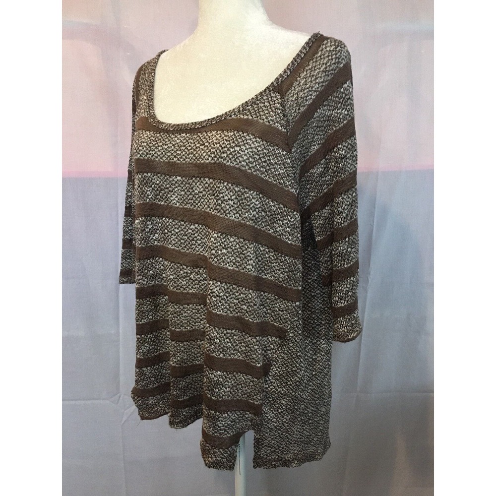 Perch by Blu Pepper Anthro 1XL Stripe Hi Lo Gray Brown Lace Sweater Tunic Shirt
